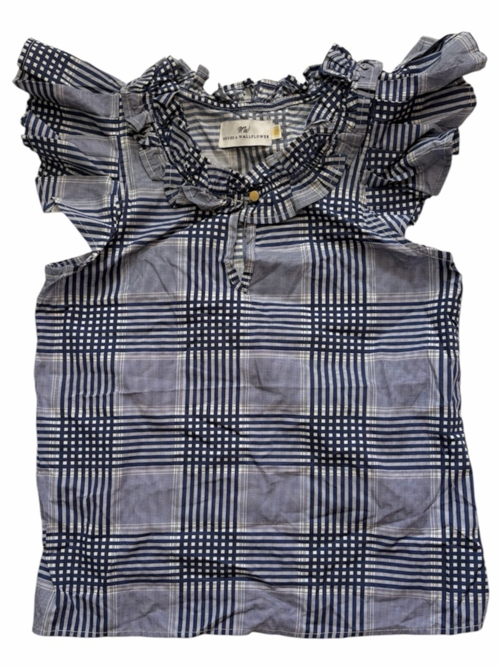 Never a Wallflower Blue Plaid Gingham Ruffle Cap Sleeve Top XS